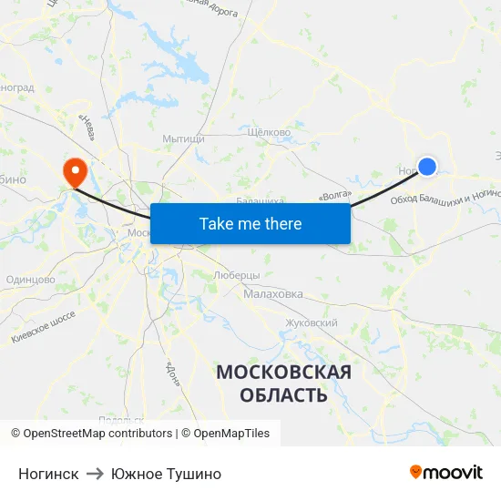 Ногинск to Южное Тушино map