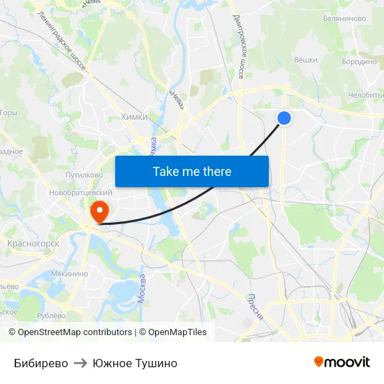 Бибирево to Южное Тушино map