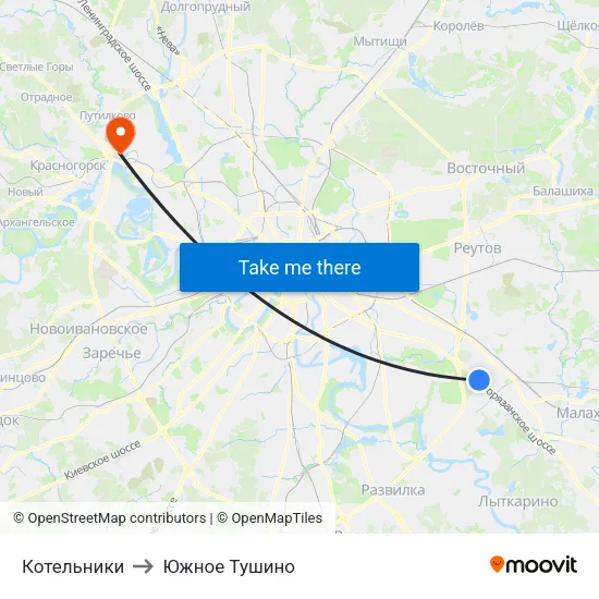 Котельники to Южное Тушино map