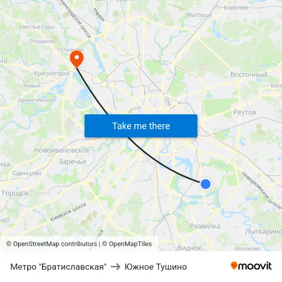 Метро "Братиславская" to Южное Тушино map