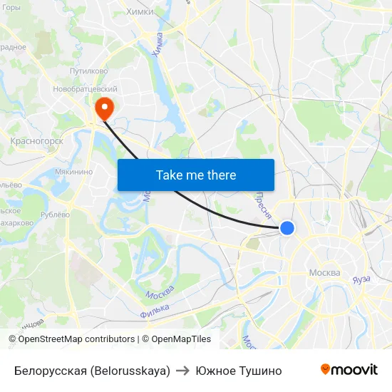 Белорусская (Belorusskaya) to Южное Тушино map