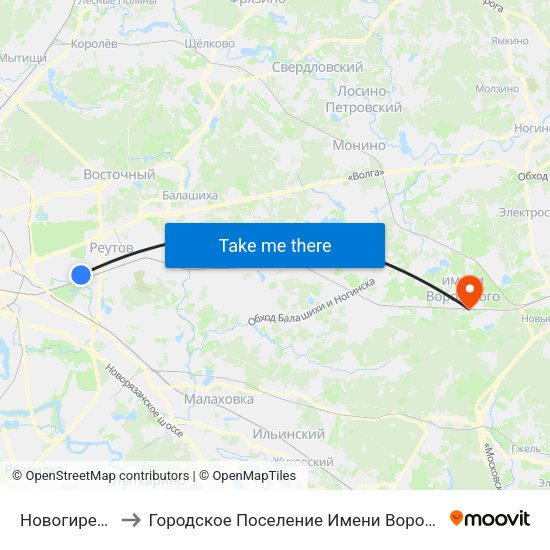 Новогиреево to Городское Поселение Имени Воровского map