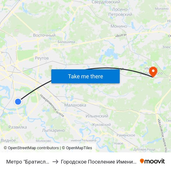 Метро "Братиславская" to Городское Поселение Имени Воровского map