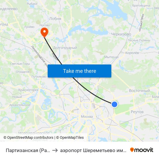 Партизанская (Partizanskaya) to аэропорт Шереметьево имени А.С. Пушкина map