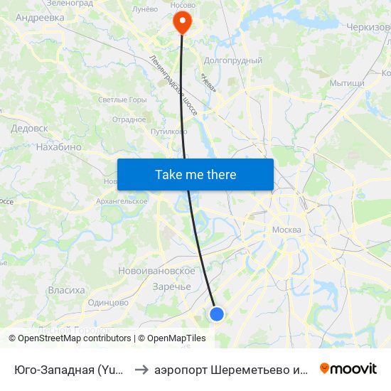 Юго-Западная (Yugo-Zapadnaya) to аэропорт Шереметьево имени А.С. Пушкина map