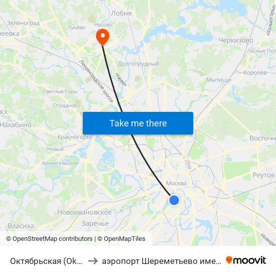 Октябрьская (Oktyabrskaya) to аэропорт Шереметьево имени А.С. Пушкина map