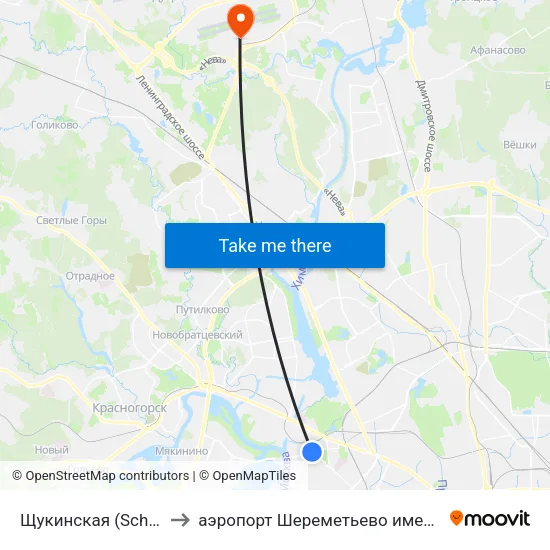 Щукинская (Schukinskaya) to аэропорт Шереметьево имени А.С. Пушкина map