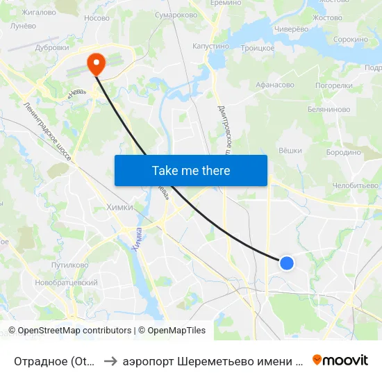 Отрадное (Otradnoe) to аэропорт Шереметьево имени А.С. Пушкина map
