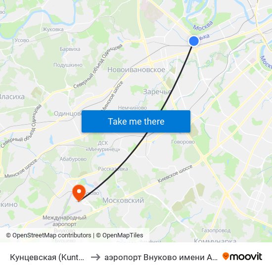 Кунцевская (Kuntsevskaya) to аэропорт Внуково имени А.Н. Туполева map