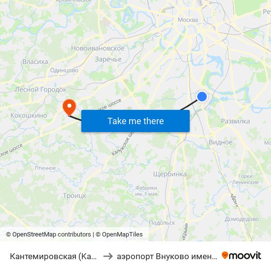 Кантемировская (Kantemirovskaya) to аэропорт Внуково имени А.Н. Туполева map
