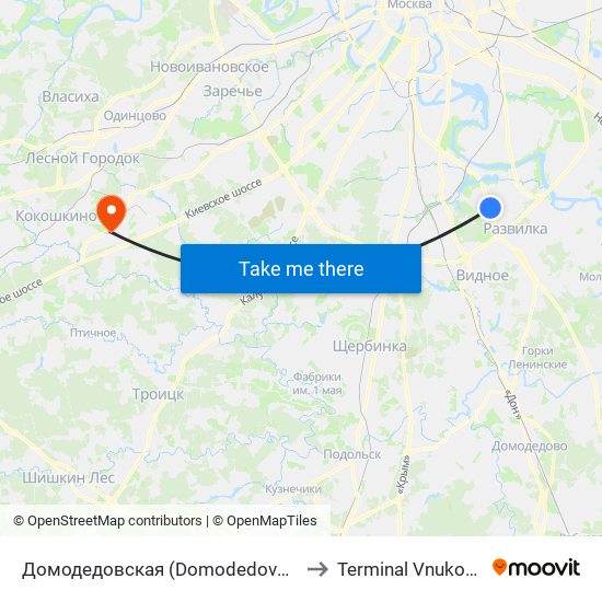 Домодедовская (Domodedovskaya) to Terminal Vnukovo-3 map