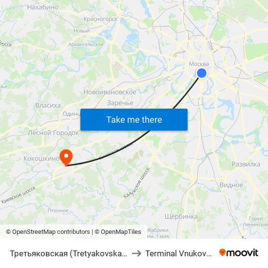 Третьяковская (Tretyakovskaya) to Terminal Vnukovo-3 map