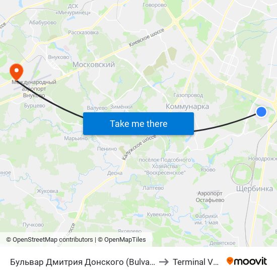 Бульвар Дмитрия Донского (Bulvar Dmitriya Donskogo) to Terminal Vnukovo-3 map