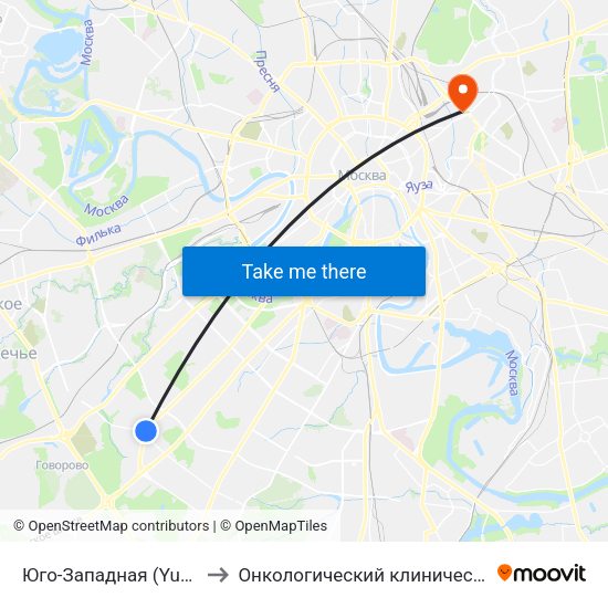 Юго-Западная (Yugo-Zapadnaya) to Онкологический клинический диспансер №1 map