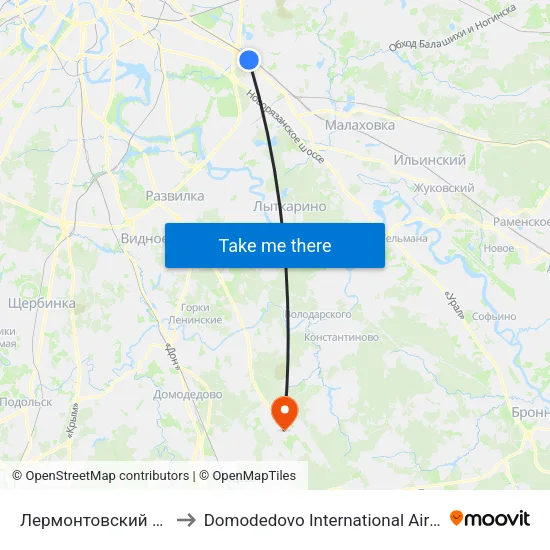 Лермонтовский Проспект (Lermontovsky Prospekt) to Domodedovo International Airport (DME) (Международный аэропорт Домодедово) map