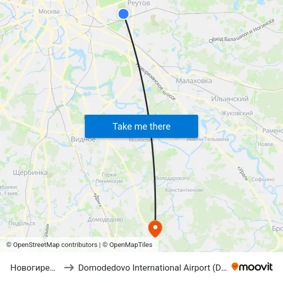 Новогиреево (Novogireevo) to Domodedovo International Airport (DME) (Международный аэропорт Домодедово) map