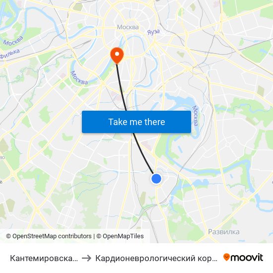 Кантемировская (Kantemirovskaya) to Кардионеврологический корпус № 8 ГКБ № 1 им. Н.И.Пирогова map