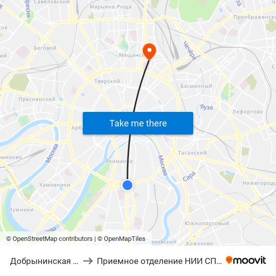 Добрынинская (Dobryninskaya) to Приемное отделение НИИ СП им. Н. В. Склифосовского map