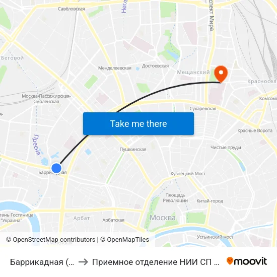 Баррикадная (Barrikadnaya) to Приемное отделение НИИ СП им. Н. В. Склифосовского map