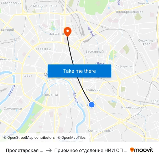 Пролетарская (Proletarskaya) to Приемное отделение НИИ СП им. Н. В. Склифосовского map