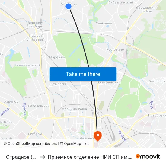 Отрадное (Otradnoe) to Приемное отделение НИИ СП им. Н. В. Склифосовского map