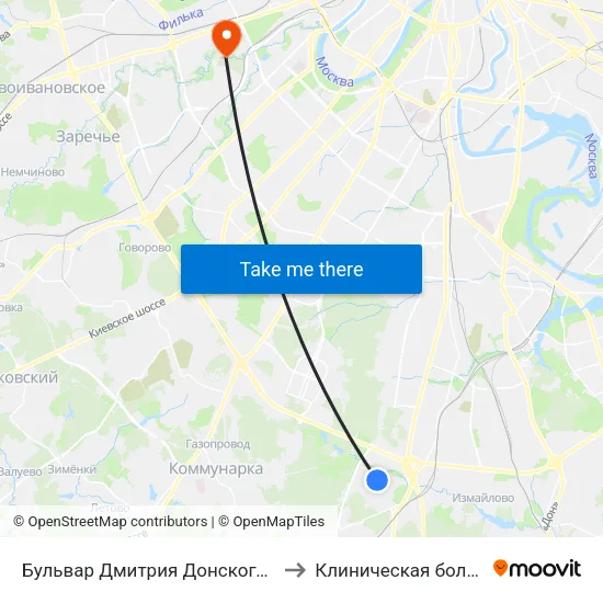 Бульвар Дмитрия Донского (Bulvar Dmitriya Donskogo) to Клиническая больница № 1 УДП РФ map