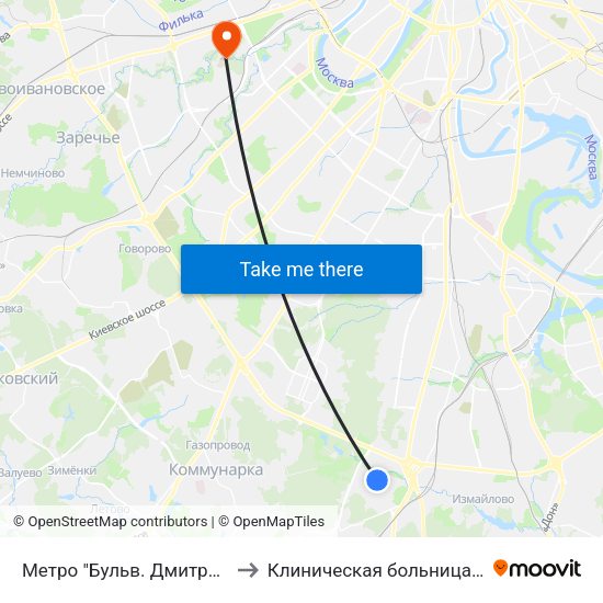 Метро "Бульв. Дмитрия Донского" to Клиническая больница № 1 УДП РФ map