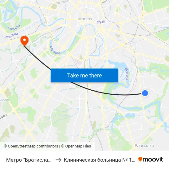 Метро "Братиславская" to Клиническая больница № 1 УДП РФ map