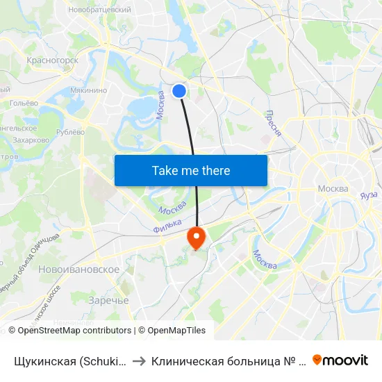 Щукинская (Schukinskaya) to Клиническая больница № 1 УДП РФ map