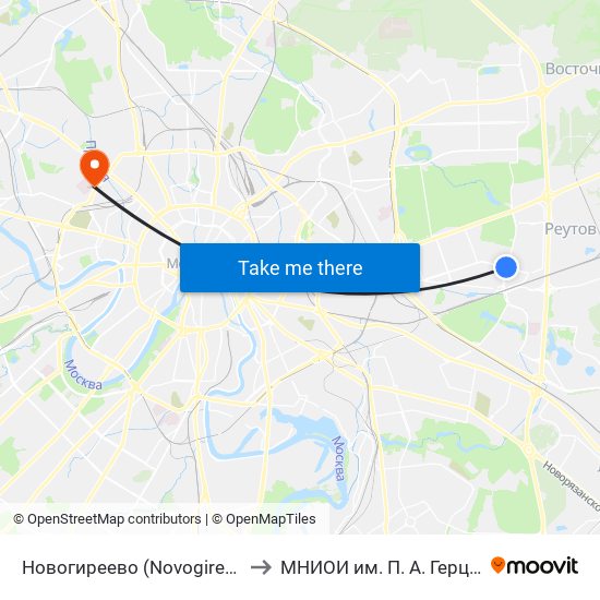 Новогиреево (Novogireevo) to МНИОИ им. П. А. Герцена map