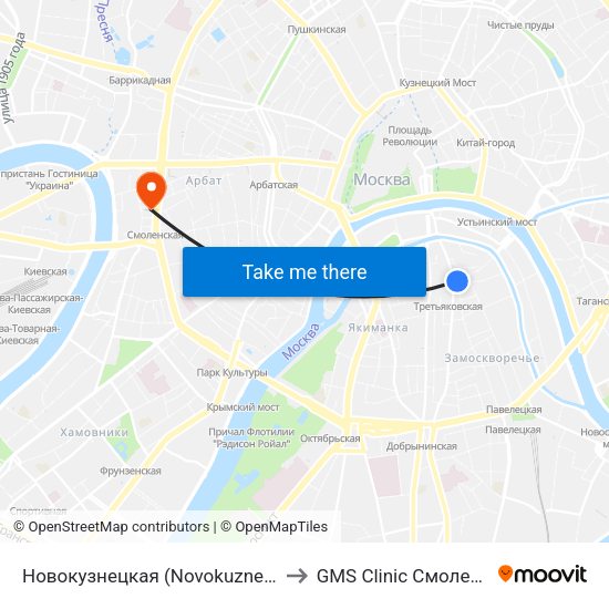 Новокузнецкая (Novokuznetskaya) to GMS Clinic Смоленская map