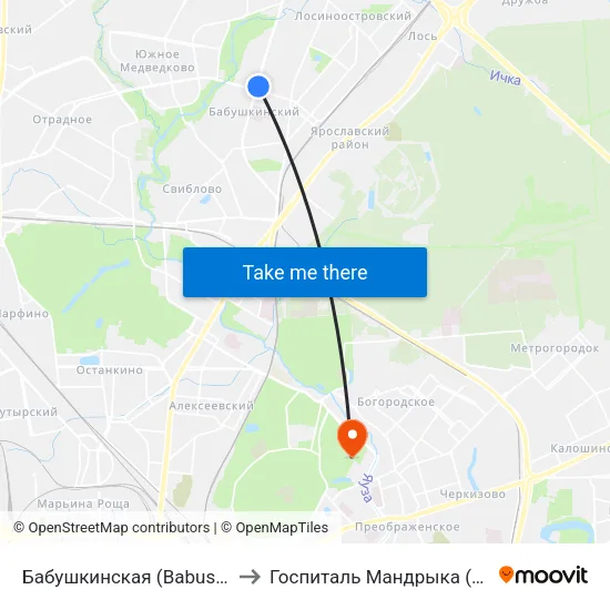 Бабушкинская (Babushkinskaya) to Госпиталь Мандрыка (ФКУ ЦВКГ) map