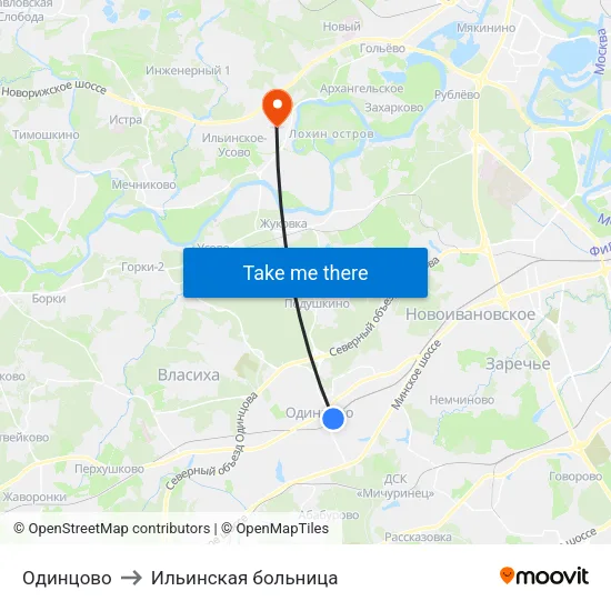 Одинцово to Ильинская больница map