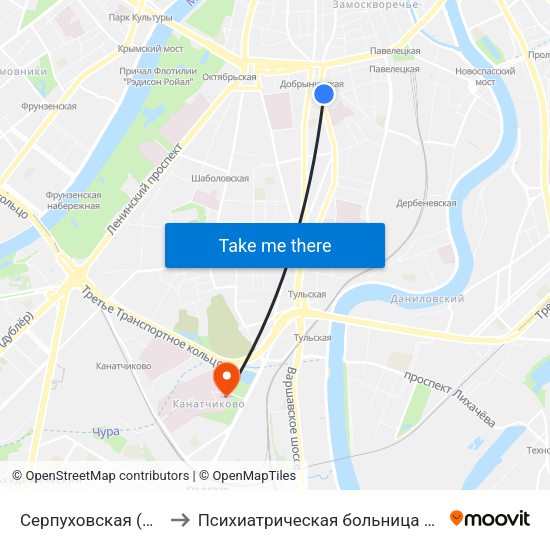 Серпуховская (Serpukhovskaya) to Психиатрическая больница им. Алексеева (Кащенко) map