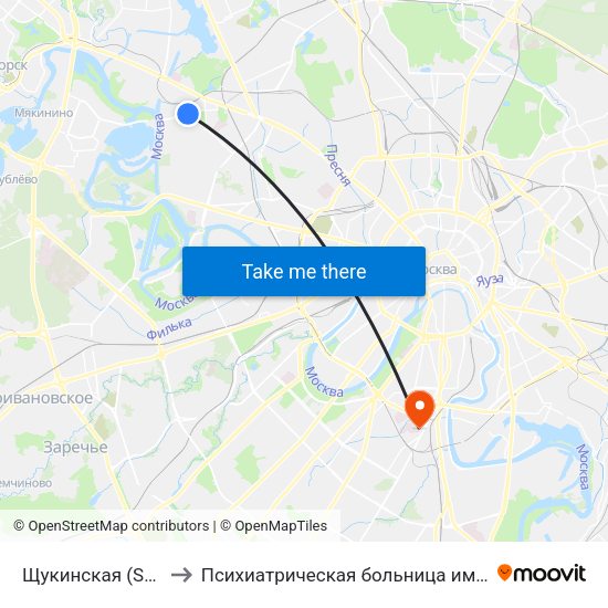 Щукинская (Schukinskaya) to Психиатрическая больница им. Алексеева (Кащенко) map