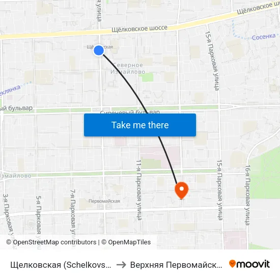 Щелковская (Schelkovskaya) to Верхняя Первомайская 48 map
