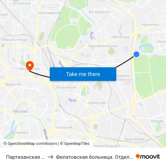 Партизанская (Partizanskaya) to Филатовская больница. Отделение торакальной хирургии map