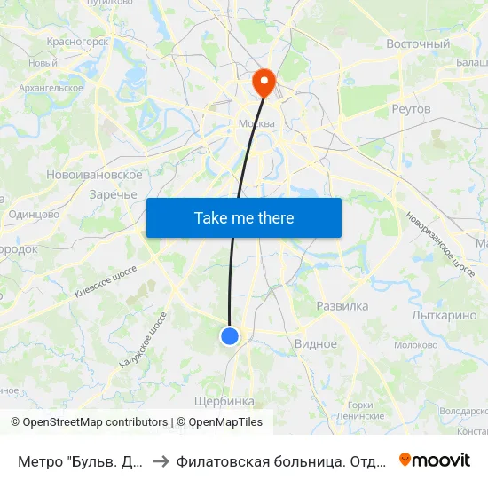 Метро "Бульв. Дмитрия Донского" to Филатовская больница. Отделение торакальной хирургии map