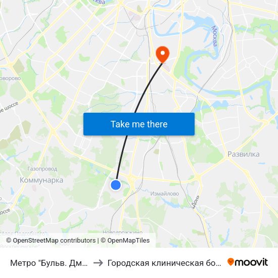 Метро "Бульв. Дмитрия Донского" to Городская клиническая больница им. С. С. Юдина map