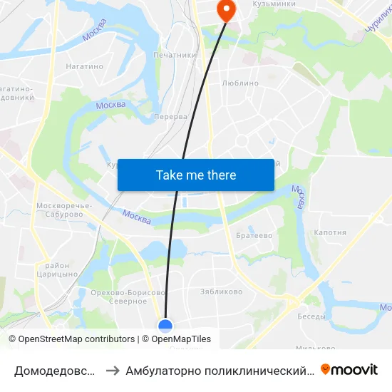 Домодедовская (Domodedovskaya) to Амбулаторно поликлинический центр городской клинической больницы 🆔68 map