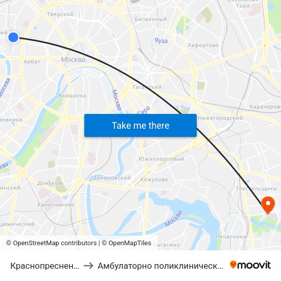 Краснопресненская (Krasnopresnenskaya) to Амбулаторно поликлинический центр городской клинической больницы 🆔68 map