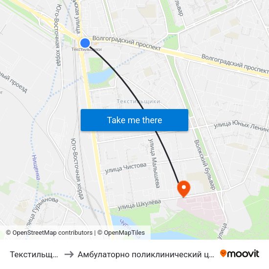 Текстильщики (Tekstilschiki) to Амбулаторно поликлинический центр городской клинической больницы 🆔68 map