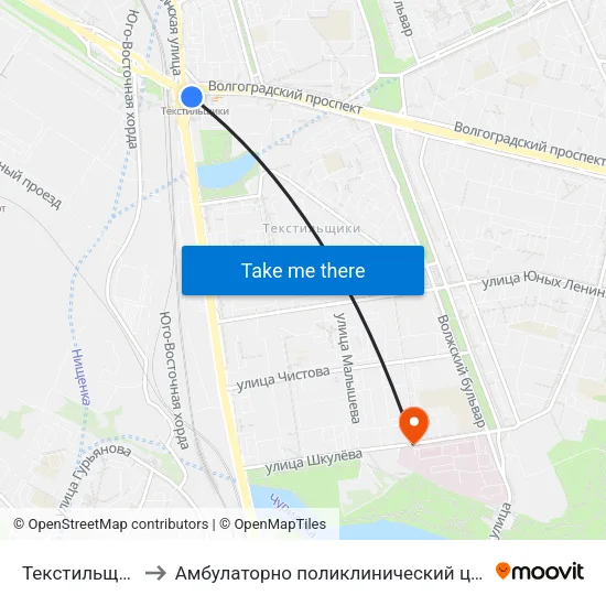 Текстильщики (Tekstilschiki) to Амбулаторно поликлинический центр городской клинической больницы 🆔68 map