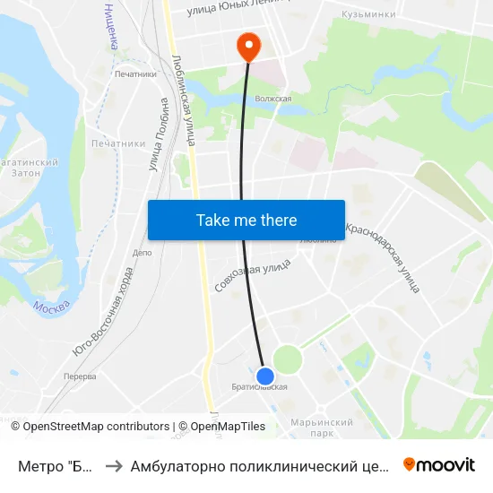 Метро "Братиславская" to Амбулаторно поликлинический центр городской клинической больницы 🆔68 map