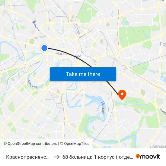 Краснопресненская (Krasnopresnenskaya) to 68 больница 1 корпус ( отделение гнойной хирургии ) палата 605 map