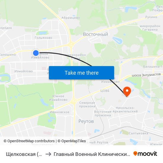 Щелковская (Schelkovskaya) to Главный Военный Клинический Госпиталь ВВ МВД России map