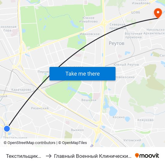 Текстильщики (Tekstilschiki) to Главный Военный Клинический Госпиталь ВВ МВД России map