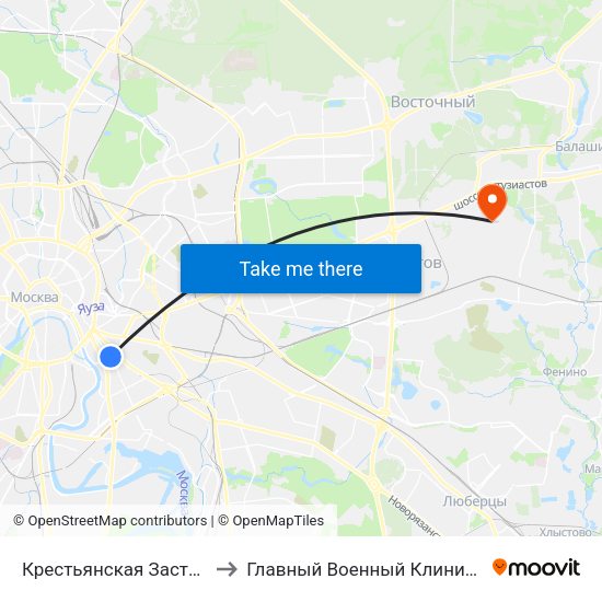 Крестьянская Застава (Krestyanskaya Zastava) to Главный Военный Клинический Госпиталь ВВ МВД России map