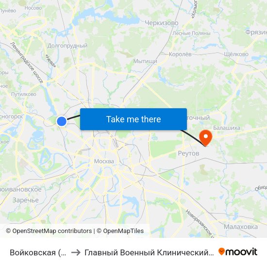Войковская (Voykovskaya) to Главный Военный Клинический Госпиталь ВВ МВД России map