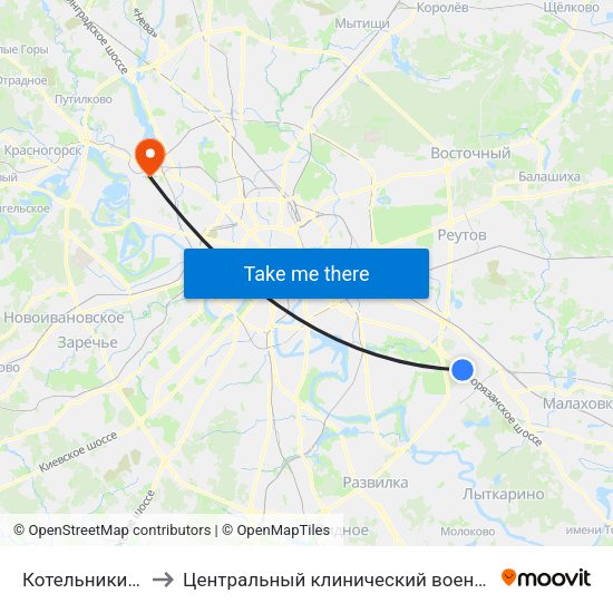 Котельники (Kotelniki) to Центральный клинический военный госпиталь ФСБ РФ map